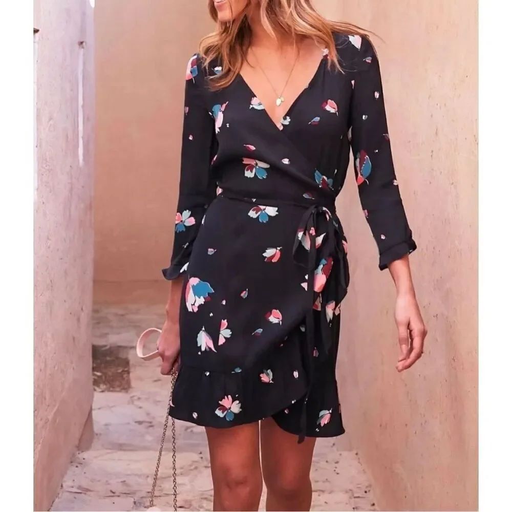 Sezane Elena Floral Printed Wrap Ruffle Mini Viscose Dress Size 38 fit Small